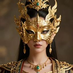 studio photoshoot of a majestic asian princess with intricate golden mask, headshot, golden asian patterns, style of Krenz Cushart, Ashley Wood, and Charlie Bowater and Craig Mullins, featured in artstation, octane render, cinematic, elegant, intricate, 8k