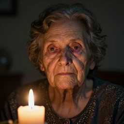 a close up portrait of one lonely old underweight lady, full colour, hyper realistic photo, candle light, dramatic lighting, chiaroscuro, shallow depth of field, upscale, 8 k, masterpiece,