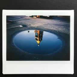 polaroid of a beautiful gasoline puddle, reflection, cinematographic