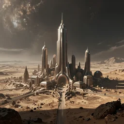 a photorealistic hyperrealistic render of an external scene of an alien city on a desolated planet by greg rutkowski, wlop, artgerm, dramatic lighting, strong shadows, volumetric, cinematic atmosphere, octane render, artstation, 8 k