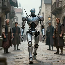 a portrait of a robot in the middle foreground walking in the street of a medieval city by Greg Rutkowski, Sung Choi, Mitchell Mohrhauser, Maciej Kuciara, Johnson Ting, Maxim Verehin, Peter Konig, final fantasy , mythical, 8k photorealistic, cinematic lighting, HD, high details, atmospheric,