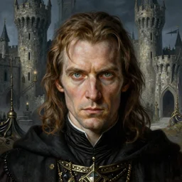a highly detailed portrait of a male sorcerer with piercing eyes in very detailed castle setting, art by frank frazetta, artgerm, michael whelan, chris riddell, giger, beksinski