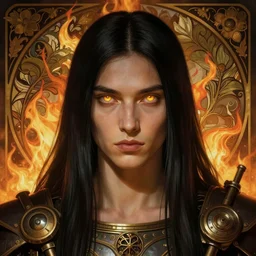 portrait of god ares, long straigt black hair, glowing eyes, volumetric lights, fire background, art nouveau botanicals, gothic, intricate, highly detailed, digital painting, artstation, concept art, smooth, sharp focus, symmetric face, illustration, steampunk, art by artgerm and greg rutkowski and alphonse mucha