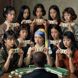 8 young and beautiful women, symmetrical faces, with hands holding Chinese Mahjong tiles, facing to audience, painted by Vermeer, Kerry James Marshall , cinematic lighting of movies directed by Wong Kar Wei, Stanley Kubricks, hyper realism, ultra realistic, 4K, highly detailed, fashion magazine cover