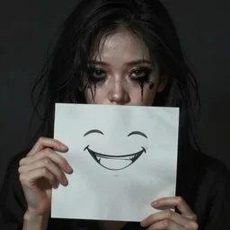 A woman in the dark with smudged black makeup holds a piece of paper in front of her mouth with a smile drawn onto it. highly detailed digital painting in the style of Rossdraws, atmpspheric lighting, Anime key visual