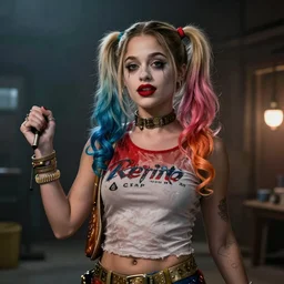 Ariana Grande as real-life Harley Quinn, cinematic, Wide-shot, atmospheric lighting, directed by Ti West, extreme detail, 8K, movie still