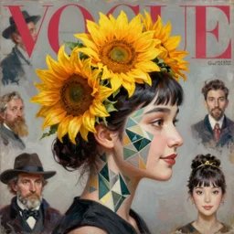 sunflower tiara, geometry face tattoo, korean audrey hepburn, vogue magazine, greg rutkowski, john singer sargent, trending on artstation, anime, oil painting, side profile portrait, looking right, smile, intricate