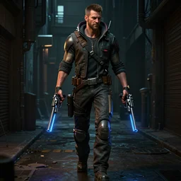 a detailed full bodied 3 d render of an extremely handsome jensen ackles as the terminator walking down a dark alley in cyberpunk 2 0 7 7, holding two glowing winchester revolvers, volumetric lighting, octane render, 8 k, art by greg rutkowski and albert bierstadt and alphones mucha