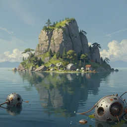 a beautiful landscape painting of an island in a tranquil sea, reflections, damaged technology scattered around, hyper detailed, digital art, trending in artstation, cinematic lighting, studio quality, smooth render, unreal engine 5 rendered, octane rendered, art style by kurzgesagt and nixeu and ian sprigger and wlop and krenz cushart and kim jung gi and greg rutkowski