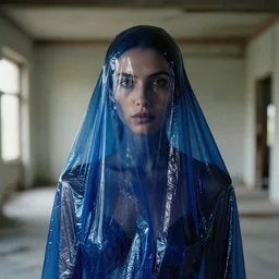 closeup portrait of a woman wrapped in dark blue cellophane, standing in a derelict building interior, color photograph, by iris van herpen, canon eos c 3 0 0, ƒ 1. 8, 3 5 mm, 8 k, medium - format print