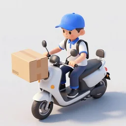 delivery driver on scooter delivering boxes, extremely high quality, artistic rendering, cartoon, top - rated, award winning, realistic, sharp, no blur, edited, corrected colour, white background, trending