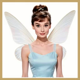 audrey hepburn as a fairy with wings, digital art, inspired by artgerm and tinkerbell, border and embellishments by alphonse mucha, classic beauty, flowers in hair, angelic, standing in the forest