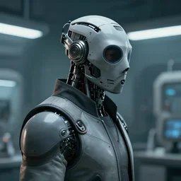 a half masked laboratory engineer man seen from a distance, scifi character portrait by greg rutkowski, craig mullins, 1 / 4 headshot, cinematic lighting, dystopian scifi outfit, profile picture, mechanical, cyborg, half robot