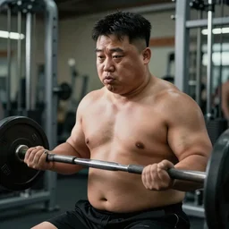 cinematic shot of muscular shirtless kim jong - un lifting weights in a gym, very detailed, very intricate, dslr, 8 k,