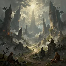 View from the depths of morrowind. come visit for grand adventure. matte painting by Caspar David Fredrich and JMW Turner 4k trending on artstation