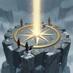 on a blizzard day, a huge and mysterious star watching compass stone platform on the cliff of genesis began to break, and light burst out from the compass. close up, mysteries, simple by victo ngai, kilian eng and jake parker, anton fadeev, 2 d