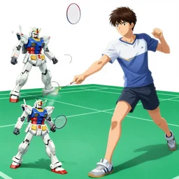 illustration of gundam action figures playing badminton by ilya kuvshinov katsuhiro otomo