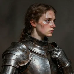 close - up portrait of a young joan of arc in armor, with a dirty and sweaty face, in profile, dynamic pose, realistic shaded, dramatic lighting, concept art, hyper detailed, trending on artstation, by wlop, by greg rutkowski, by christophe young, by raymond swanland