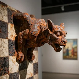 [Rusty gargoyle on a checkered flag in an art gallery, very detailed, cinematic lighting, matte, sharp, photography, octane render, unreal engine, art by enki bilal]