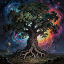 an enigmatic and terrifying painting of a cyberpunk portrait by marc simonetti, colour, hyper detail, 8 k, one giant oak, universe, nebula, burst of colour, imaginary, roots, concept art, out of this world, depth, incredible depth