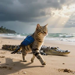 cat - bird hybrid with blue wings talking a walk on the beach. there is an alligator on the beach.