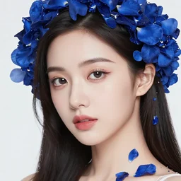 studio portrait absurdly beautiful, elegant, graceful, young hypercolorful sensual gravure idol sapphire blue petals gems, ultrafine hyperrealistic detailed face illustration by kim jung gi, irakli nadar, intricate linework, sharp focus, bright colors, matte, octopath traveler, final fantasy, unreal engine highly rendered, global illumination, radiant light, intricate rainbow environment