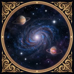 a beautiful celestial sky with stars, planets and galaxies in the style of illuminated manuscript, circular abstract border with curly symmetrical designs, trending on artstation