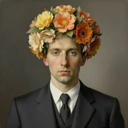 portrait of man in a suit, his head is flowers, by rene magritte, detailed painting, hd, hq, high resolution, high detail, 4 k, 8 k