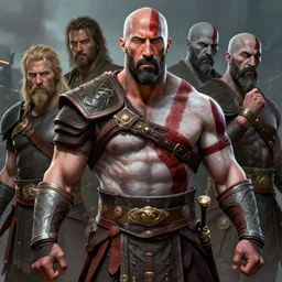 a highly detailed beautiful portrait of dwayne johnson kratos hybrid god of war, by gregory manchess, james gurney, james jean, octane, fantasy