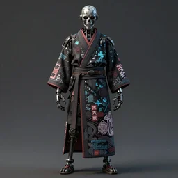 full body portrait of a gothic style industrial punk robot with kanji tattoos and decals wearing a digital pixelated kimono, intricate design, photo - realistic, octane render, dark colour palette, ultra fine detailed, character design, trending on artstation
