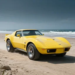 photorealistic art of a yellow 1979 stingray corvette at the beach, dynamic lighting, space atmosphere, hyperrealism, stunning visuals