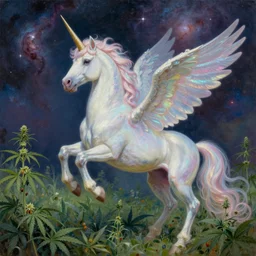 an iridescent unicorn with translucent wings frolicking in a field of marijuana, a nebula is in the sky, oil painting by boris vallejo, concept art, highly detailed, high quality, 8 k,
