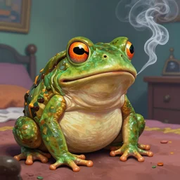 close portrait humanoid toad smoking, vaporwave, bedroom, highly detailed, digital painting, artstation, concept art, smooth, sharp focus, illustration, art by artgerm and greg rutkowski and alphonse mucha