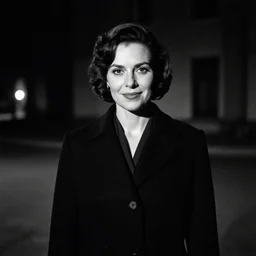 interrogation scene of noir film. detective woman in dark shadow. rim lighting. photo detective film, sharp focus, midnight, photo by maciej kuciara. front view. smile face. black white