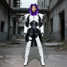 beautiful fashion model with white sci - fi tactical gear, black leather garment, purple transparent sci - fi hood, full shot fashion photography, alleyway, abandoned factory, battle ready, by irving penn and storm thorgerson, ren heng, peter elson