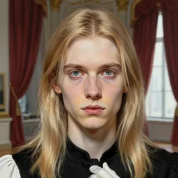 museum painting, closeup, pale handsome young man age of 3 0, big eyes, mouse greyish very light brown hair, straight!! long blonde hair, shoulder - length!! dirty - blonde hair, black clothes, white clothes, gloves, background is the rich!!! curtain!!! on a window, sharp focus, highly detailed, digital art, matte painting, masterpiece,
