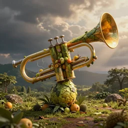 a complex many - belled trumpet made of fruit