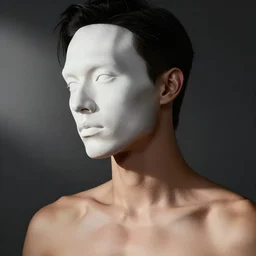 a hybrid of asian man's body and victoria's secret white model's head, realistic