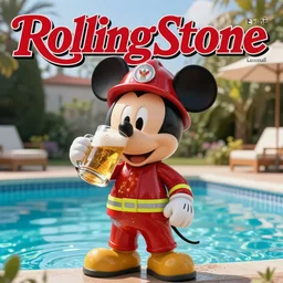 Mickey Mouse dressed as a firefighter drinking a mug of beer in a swimming pool, Cover of Rolling Stone magazine, Hyperrealistic,