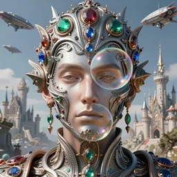 close face portrait a single face centered, man, soap bubble mind, symetrical highly detailed ornate with jewels and precious metals futuristic, sandman kingdom, outside view from half castle kingdom of dreams, space ships, hiperrealistc, global illumination, radiant light, silver, bronze, rubi, emerald, sapphire, aquamarine, art by andreas achenbach
