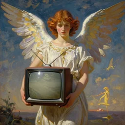 angel with television in her hands art nouveau style painted by android jones