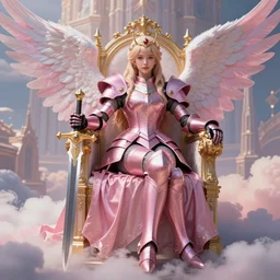 gorgeous!! hyper - realistic princess wearing ornate pink knight armor, angel wings, angemon l sitting at the thrown, holding a long sword | divine, elegant, ethereal, heavenly, clouds, holy city | illustration, intricate, high detail, ultra graphics, daz | drawn by wlop, drawn by jeehyung lee, drawn by artgerm
