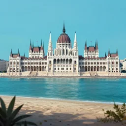 matte painting of a hungarian parliament underwater-beach, palm trees behind, 4k, 8k, highly detailed, trending on ArtStation, CGSociety