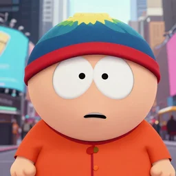 a closeup cartoon image of cartman from south park in times square new york. accurate face. bright scene. fine detail. this 4 k hd image is trending on artstation, featured on behance, well - rendered, extra crisp, features intricate detail, epic composition and the style of unreal engine.