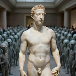 highly detailed marble statue of mark zuckerberg in a museum with a large crowd of gray aliens surrounding it, far future, 8 k, 1 5 0 mp,