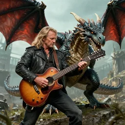 Conway Twitty fighting a dragon with a guitar in Skyrim 4k detail
