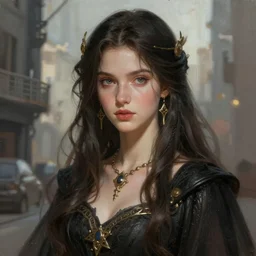 a portrait of a younger terri alden as a sorceress, urban motifs, intricate, elegant, highly detailed, digital painting, trending on artstation, concept art, smooth sharp focus, illustration, art by artgerm and greg rutkowski