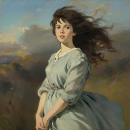 painting of a beautiful woman staying in the wind with her dress blowing in the wind, by john william waterhouse, studio ghibli, artstation, surreal, dramatic lighting, close up