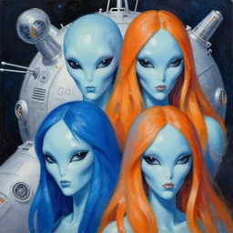 oil painting thick strokes of 4 alien heads composing space station, outside shot, 2 0 0 1, blue - orange long hair, by jack kirby, jack gaughan, virgil finlay, alberto bontempi, shigeru komatsuzaki, wayne d barlowe, alex ross, enric torres, simon bisley & boris vallejo, alex ross, enric torres, hyper