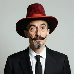 Tall man with and goatee beard and wearing flamboyant hat in the style of Salvador Dali